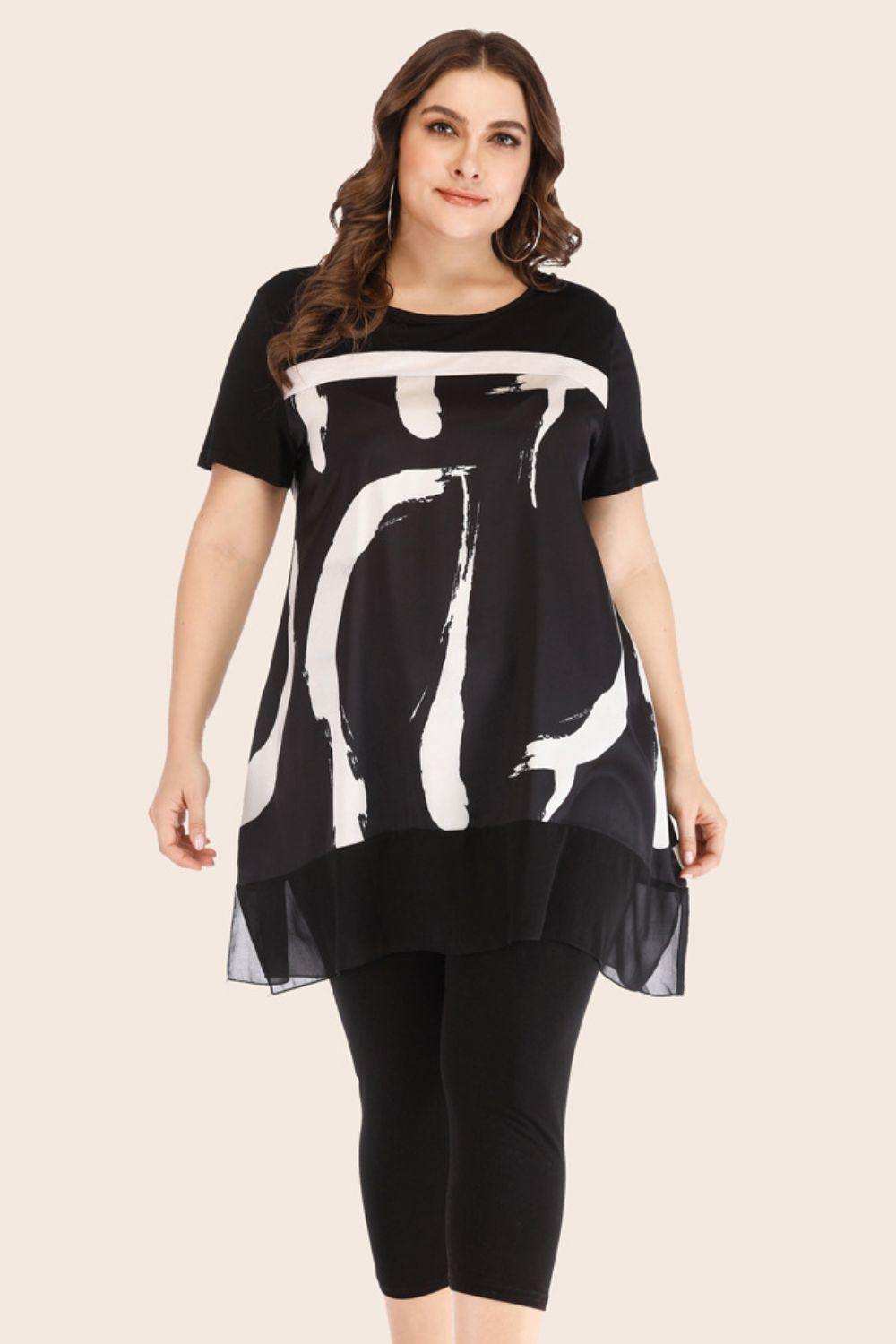 Plus Size Contrast Spliced Mesh T-Shirt and Cropped Leggings Set - Trendsi - Flyclothing LLC