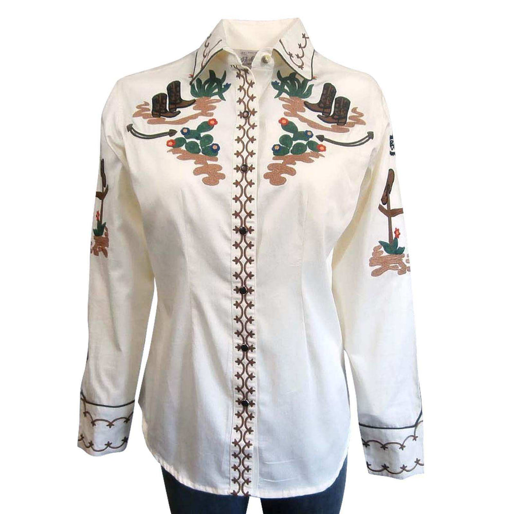 Women's Vintage Cactus & Cowgirl Boots Embroidered Western Shirt in Ivory - Rockmount Clothing - Flyclothing LLC