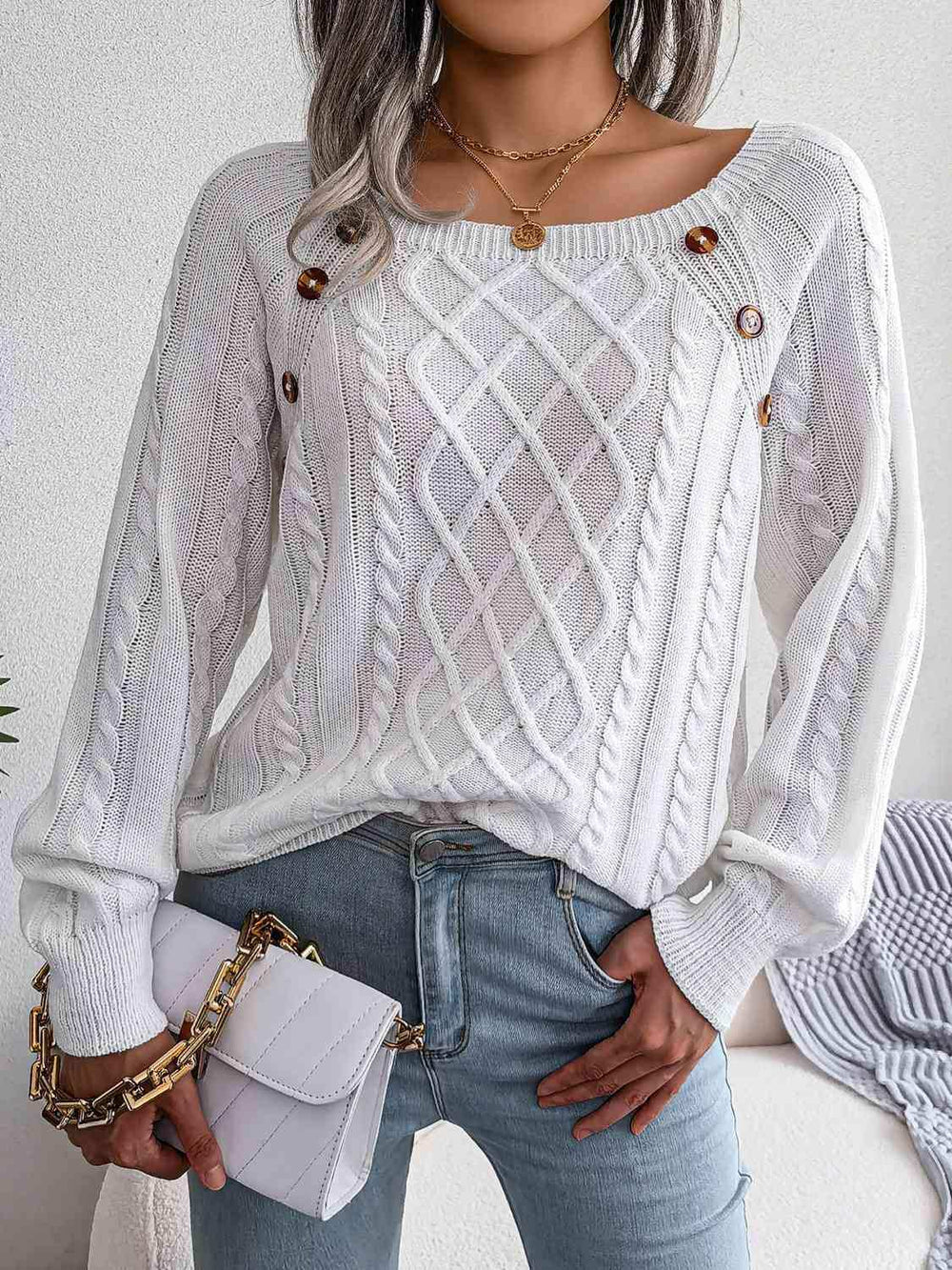 Decorative Button Cable-Knit Sweater - Trendsi - Flyclothing LLC