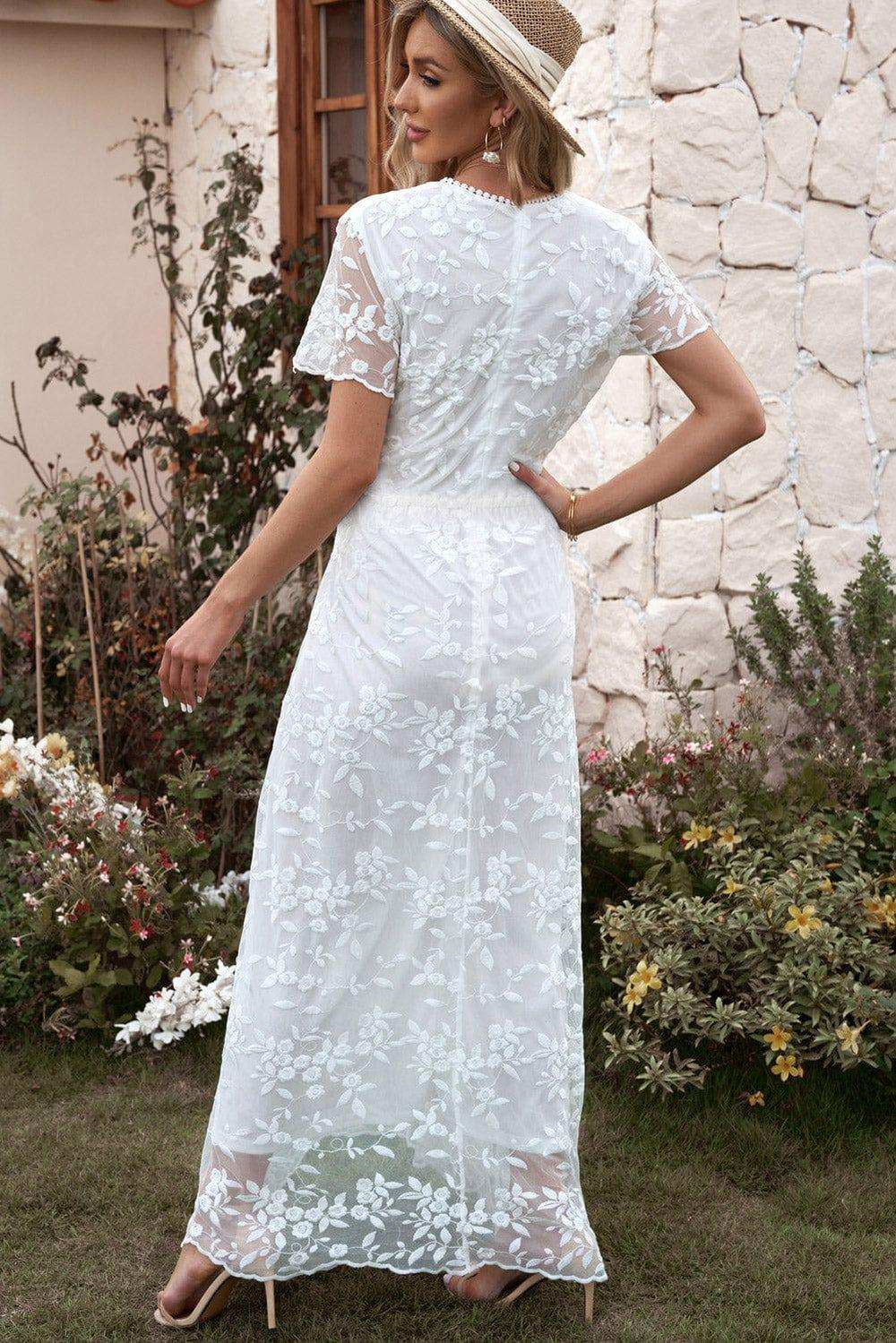 Embroidered Short Sleeve Surplice Neck Maxi Dress - Trendsi - Flyclothing LLC