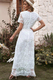 Embroidered Short Sleeve Surplice Neck Maxi Dress - Trendsi - Flyclothing LLC