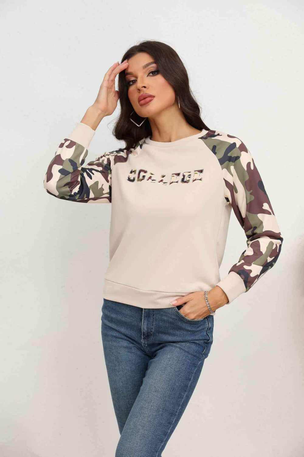 Camouflage Raglan Sleeve Sweatshirt - Trendsi - Flyclothing LLC