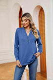 Buttoned Notched Neck Long Sleeve Top - Trendsi - Flyclothing LLC