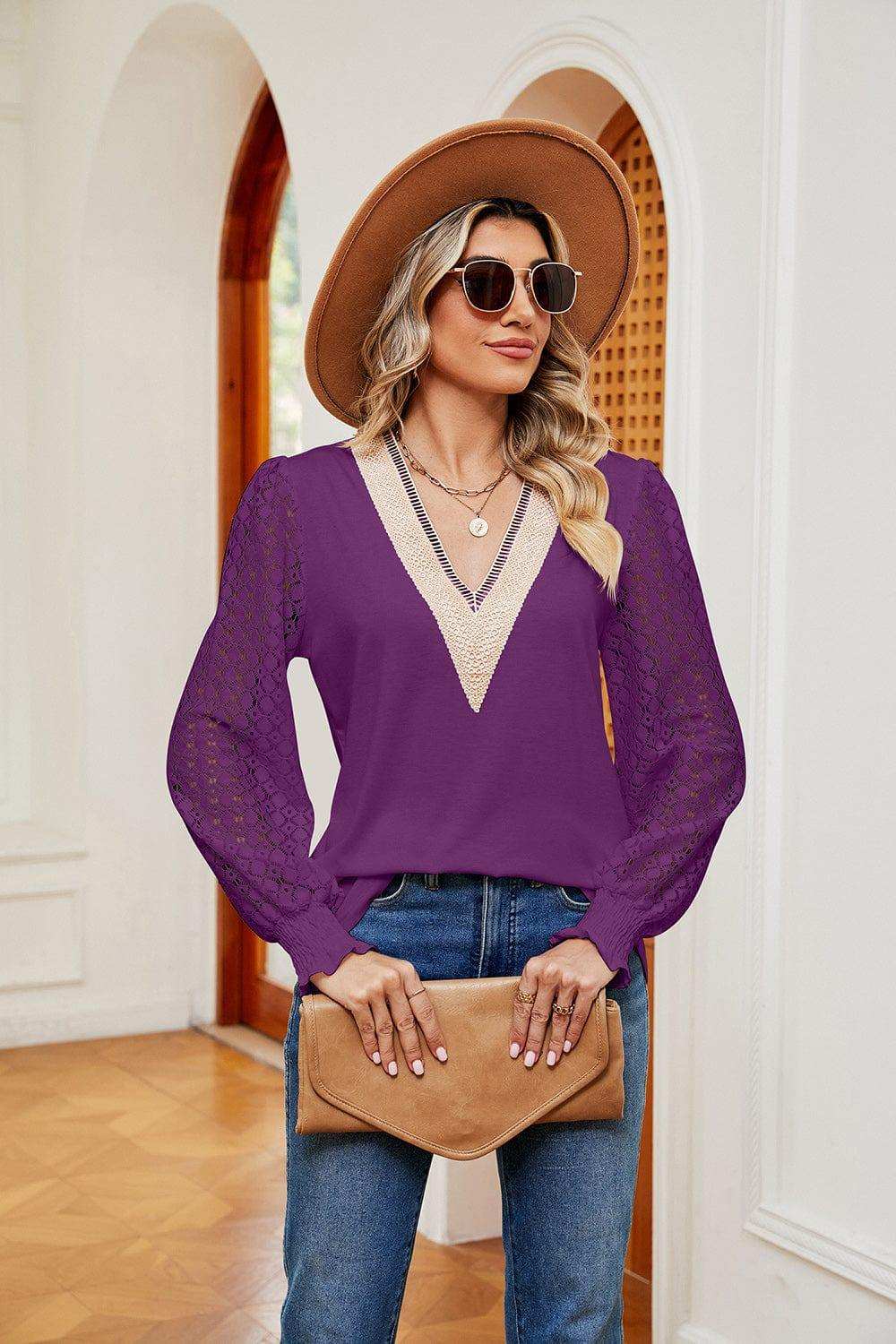 Contrast V-Neck Long Sleeve Blouse - Trendsi - Flyclothing LLC