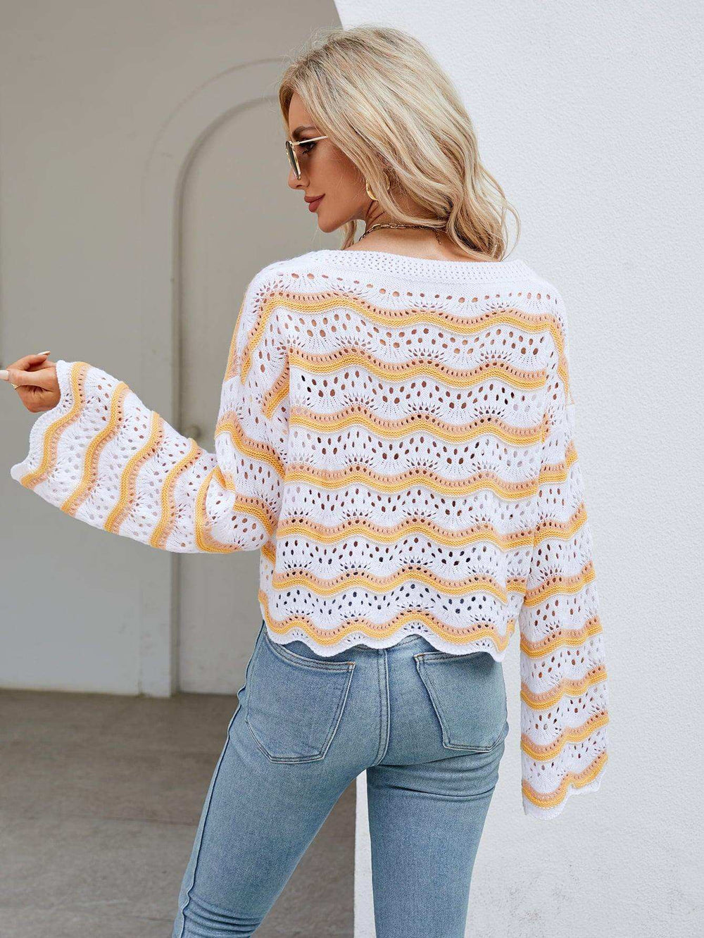 Round Neck Openwork Flare Sleeve Knit Top - Trendsi - Flyclothing LLC