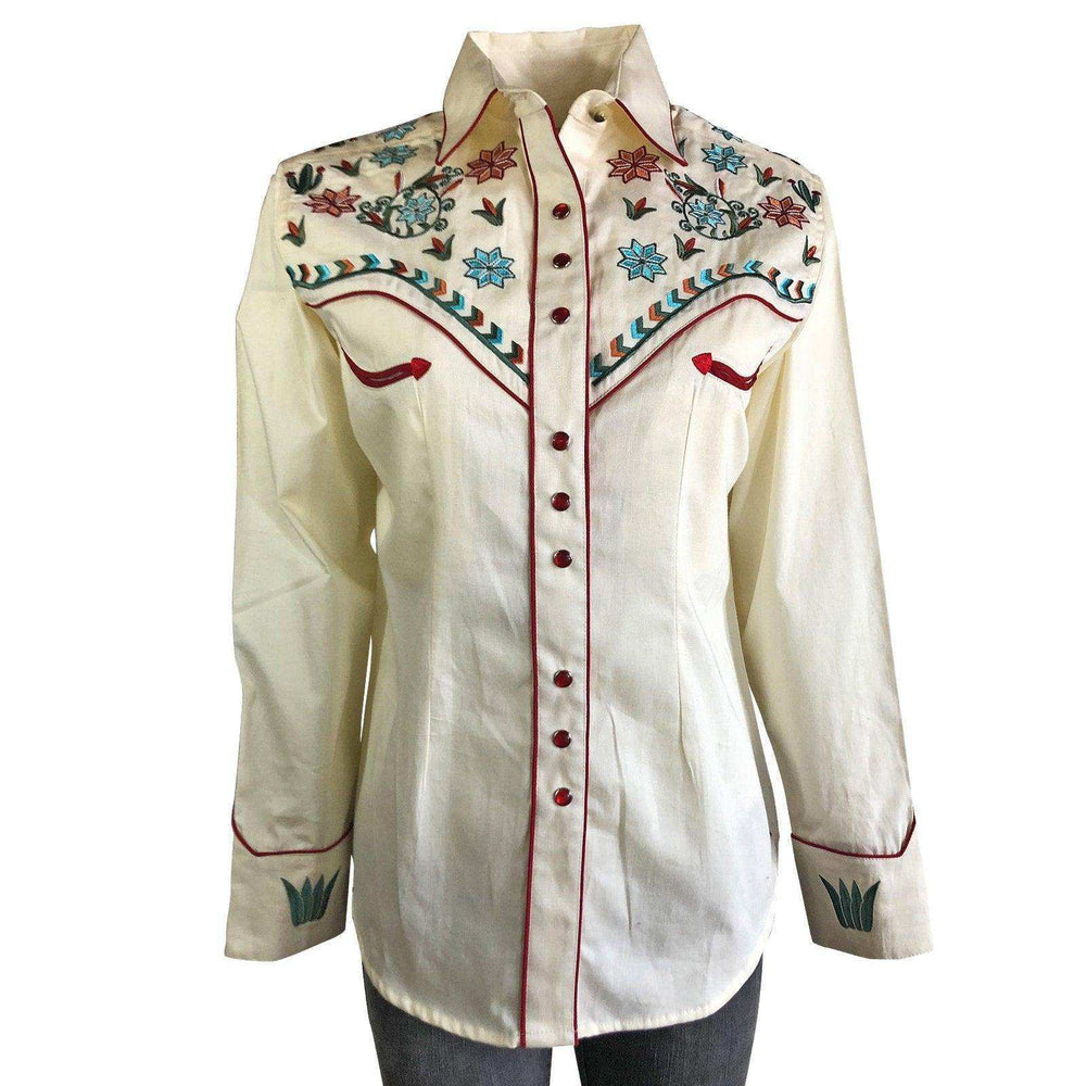 Women's Ivory Agave Cactus Floral Embroidery Western Shirt - Rockmount Clothing - Flyclothing LLC