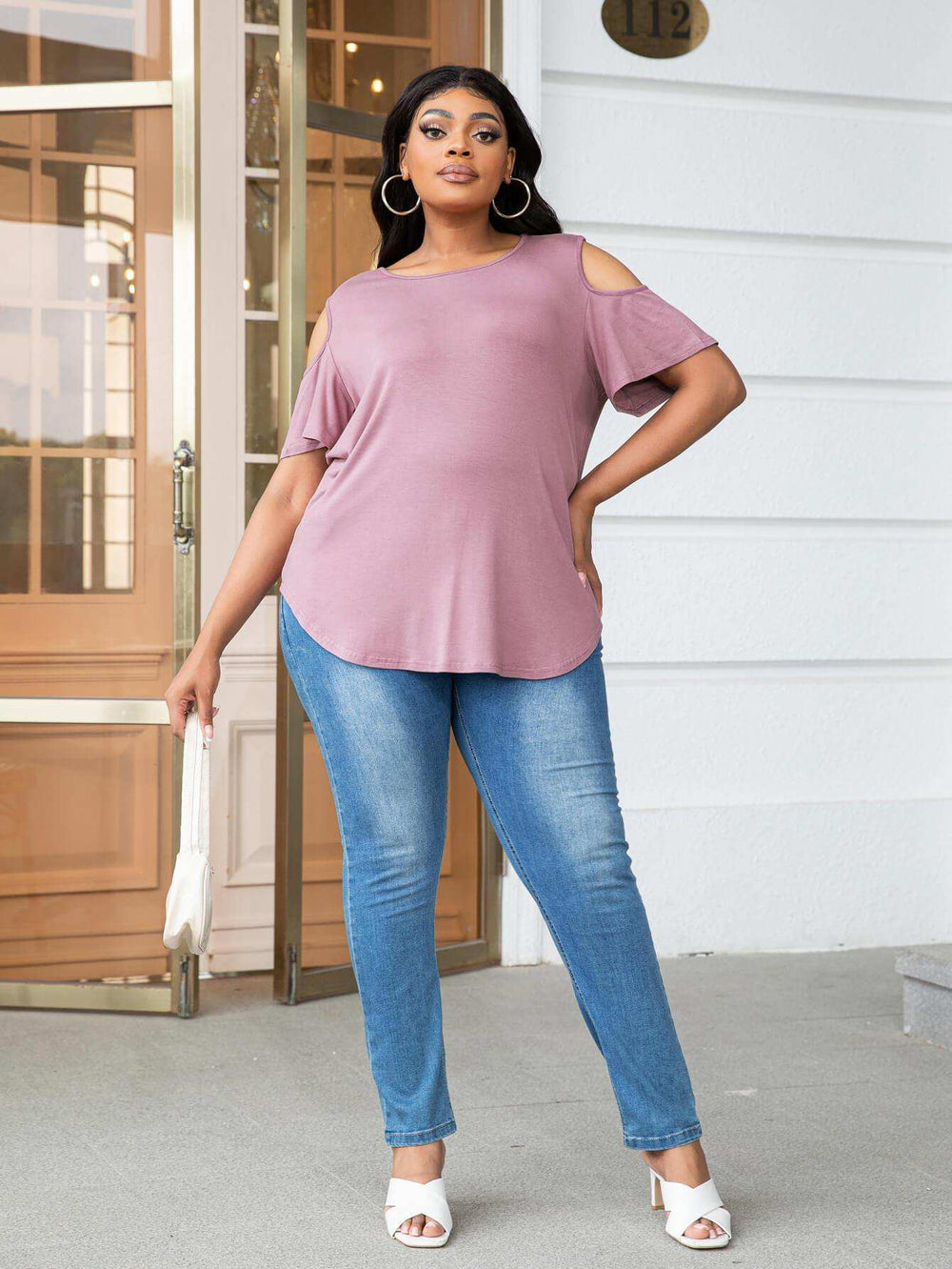Plus Size Cold-Shoulder Round Neck Curved Hem Tee - Trendsi - Flyclothing LLC
