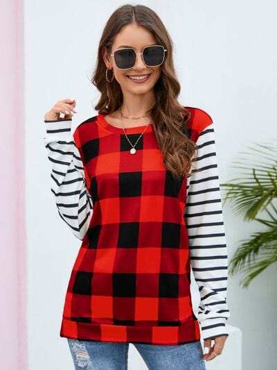 Plaid Striped Round Neck Long Sleeve T-Shirt - Trendsi - Flyclothing LLC