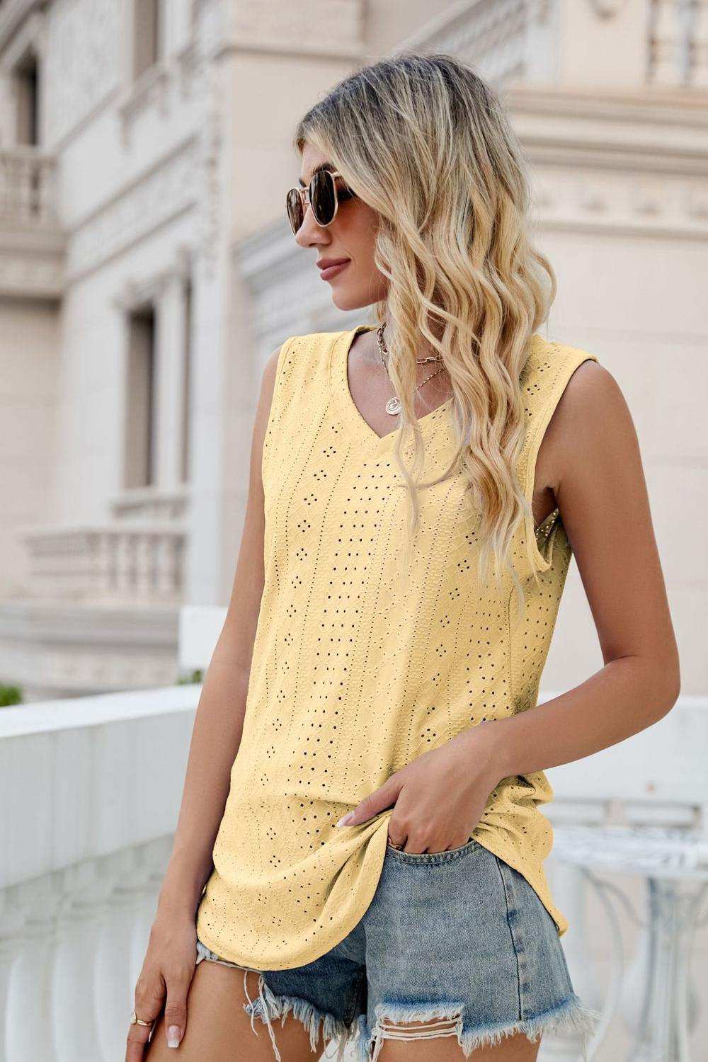 Eyelet V-Neck Tank - Trendsi - Flyclothing LLC
