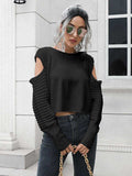 Cold-Shoulder Ribbed Trim Sweater - Trendsi - Flyclothing LLC