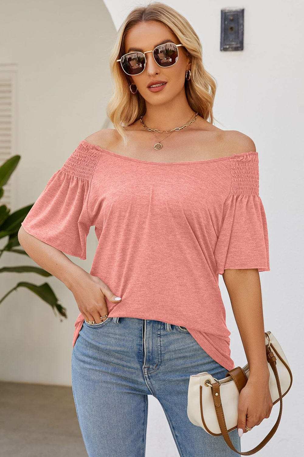 Smocked Round Neck Flutter Sleeve T-Shirt - Trendsi - Flyclothing LLC