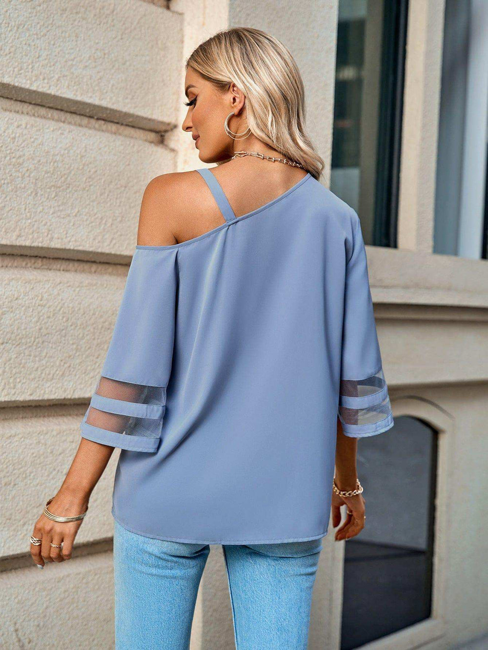 Asymmetrical Neck Sheer Striped Flare Sleeve Blouse - Trendsi - Flyclothing LLC