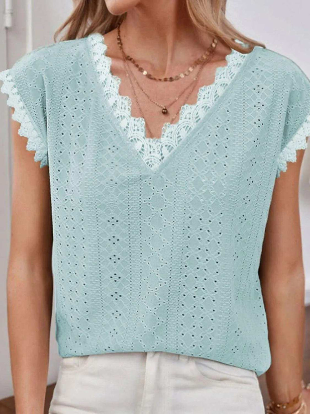 V-Neck Eyelet Short Sleeve Top - Trendsi - Flyclothing LLC
