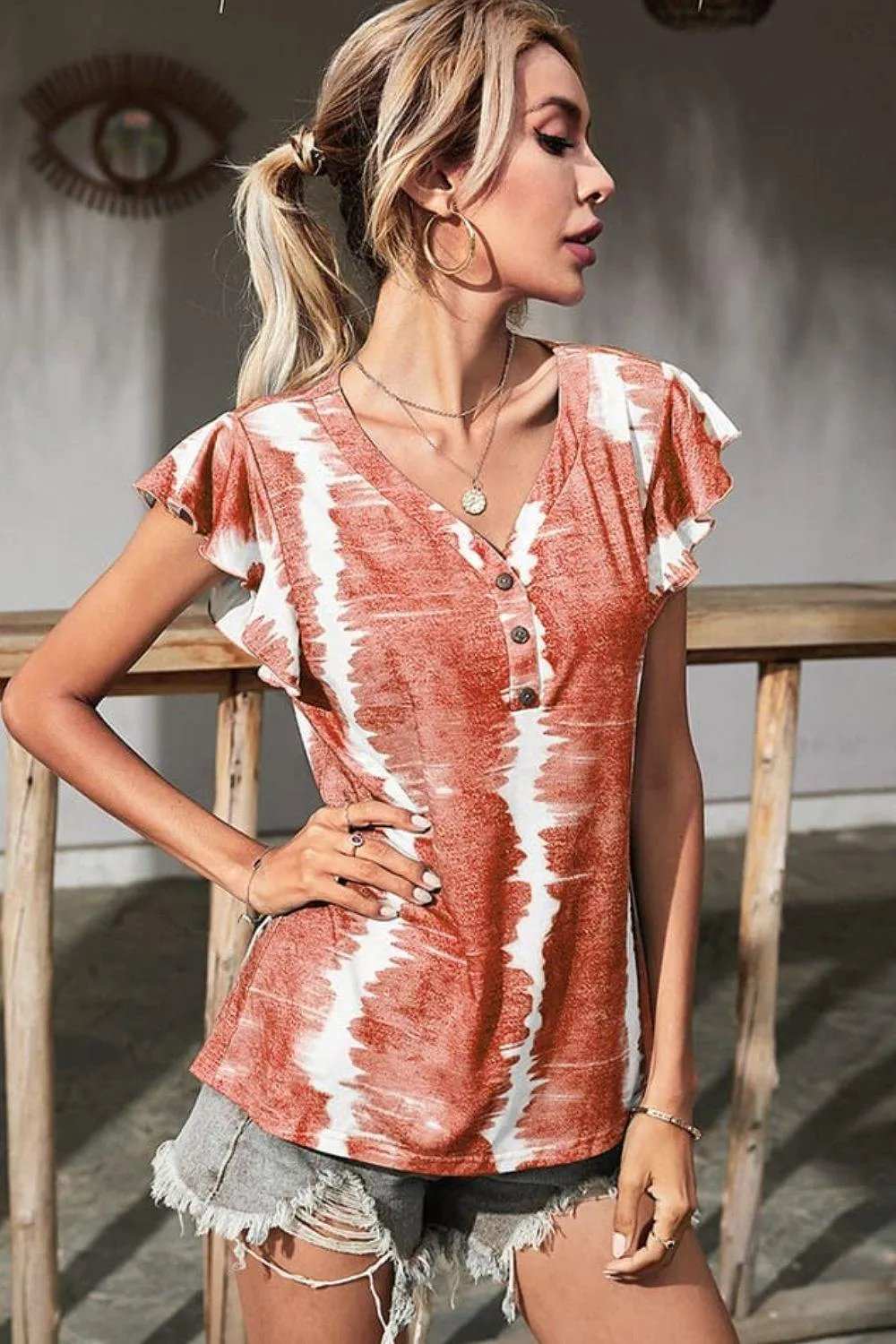 Tie-Dye Buttoned Flutter Sleeve Blouse - Trendsi - Flyclothing LLC