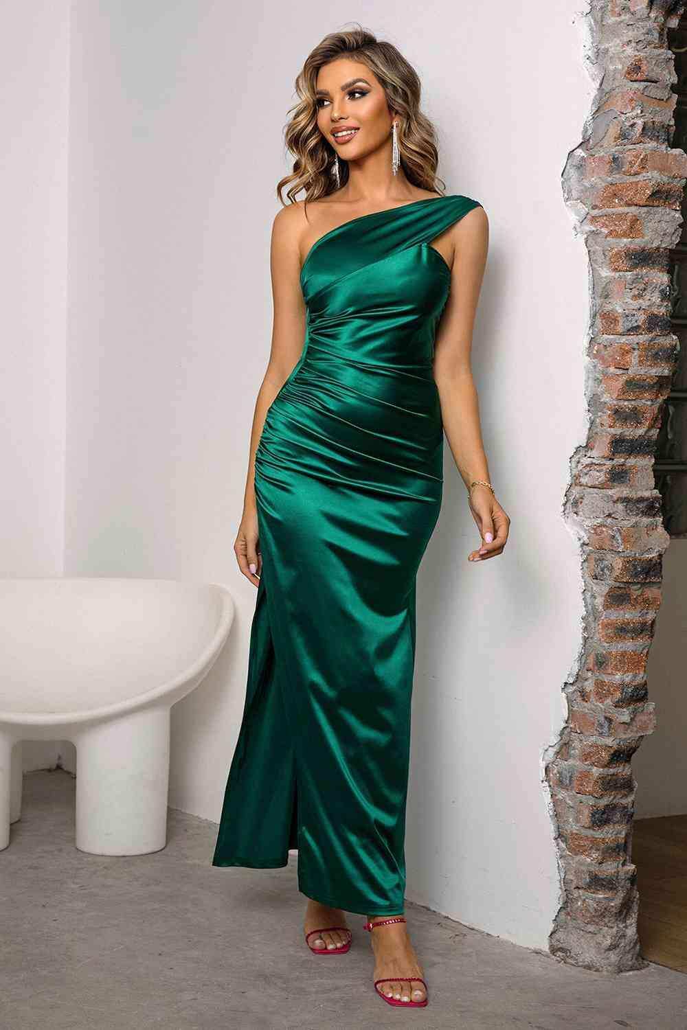 One-Shoulder Ruched Slit Maxi Dress - Trendsi - Flyclothing LLC