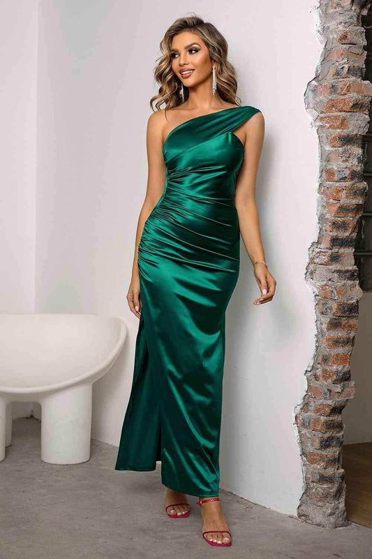 One-Shoulder Ruched Slit Maxi Dress - Trendsi - Flyclothing LLC