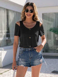 Decorative Button Round Neck Cold Shoulder T-Shirt - Trendsi - Flyclothing LLC