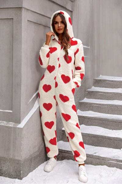 Fuzzy Heart Zip Up Hooded Lounge Jumpsuit - Trendsi - Flyclothing LLC