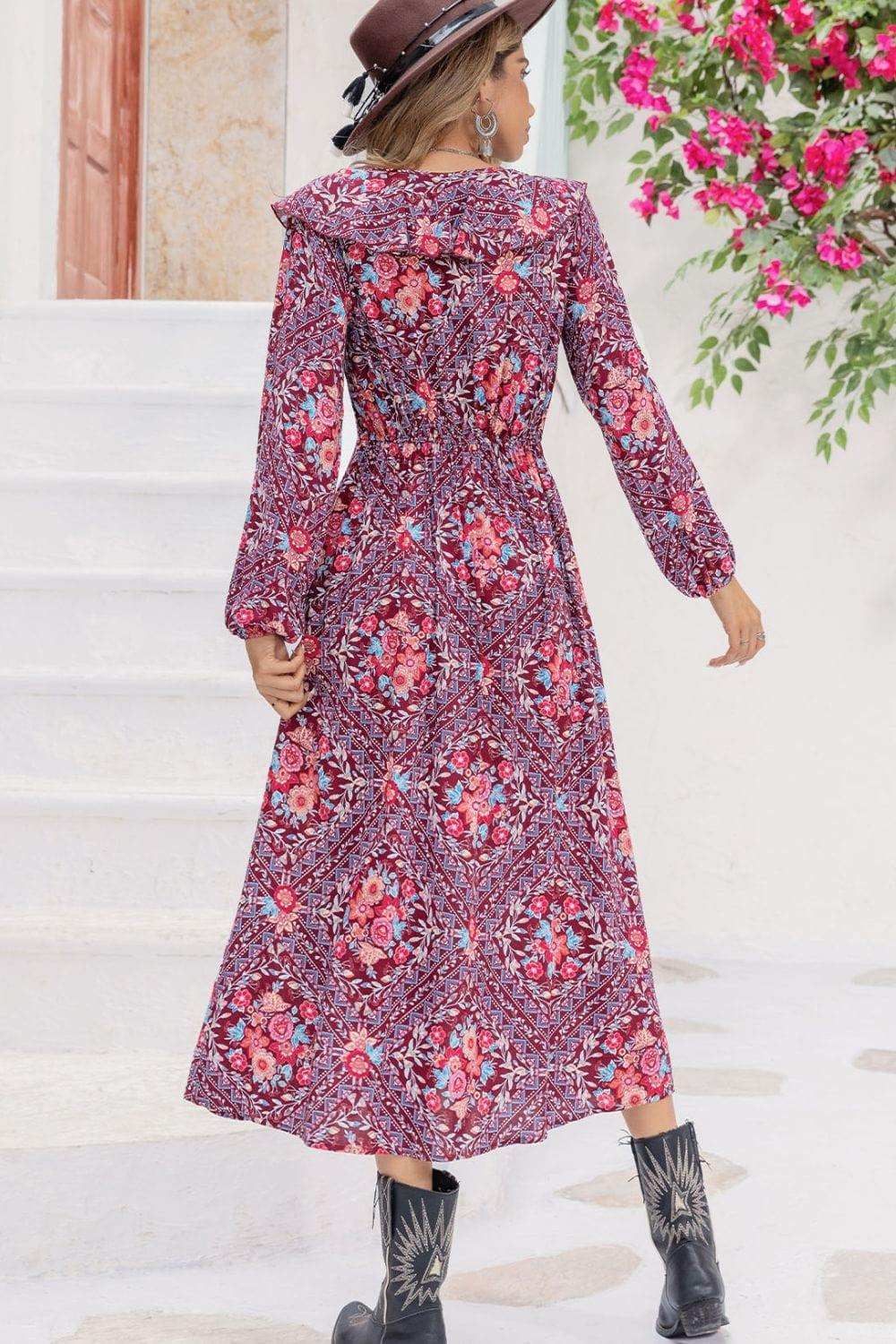 Printed Long Sleeve Slit Midi Dress - Trendsi - Flyclothing LLC