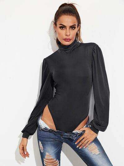 Backless Tie-Waist Turtleneck Lantern Sleeve Bodysuit - Trendsi - Flyclothing LLC