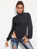 Backless Tie-Waist Turtleneck Lantern Sleeve Bodysuit - Trendsi - Flyclothing LLC