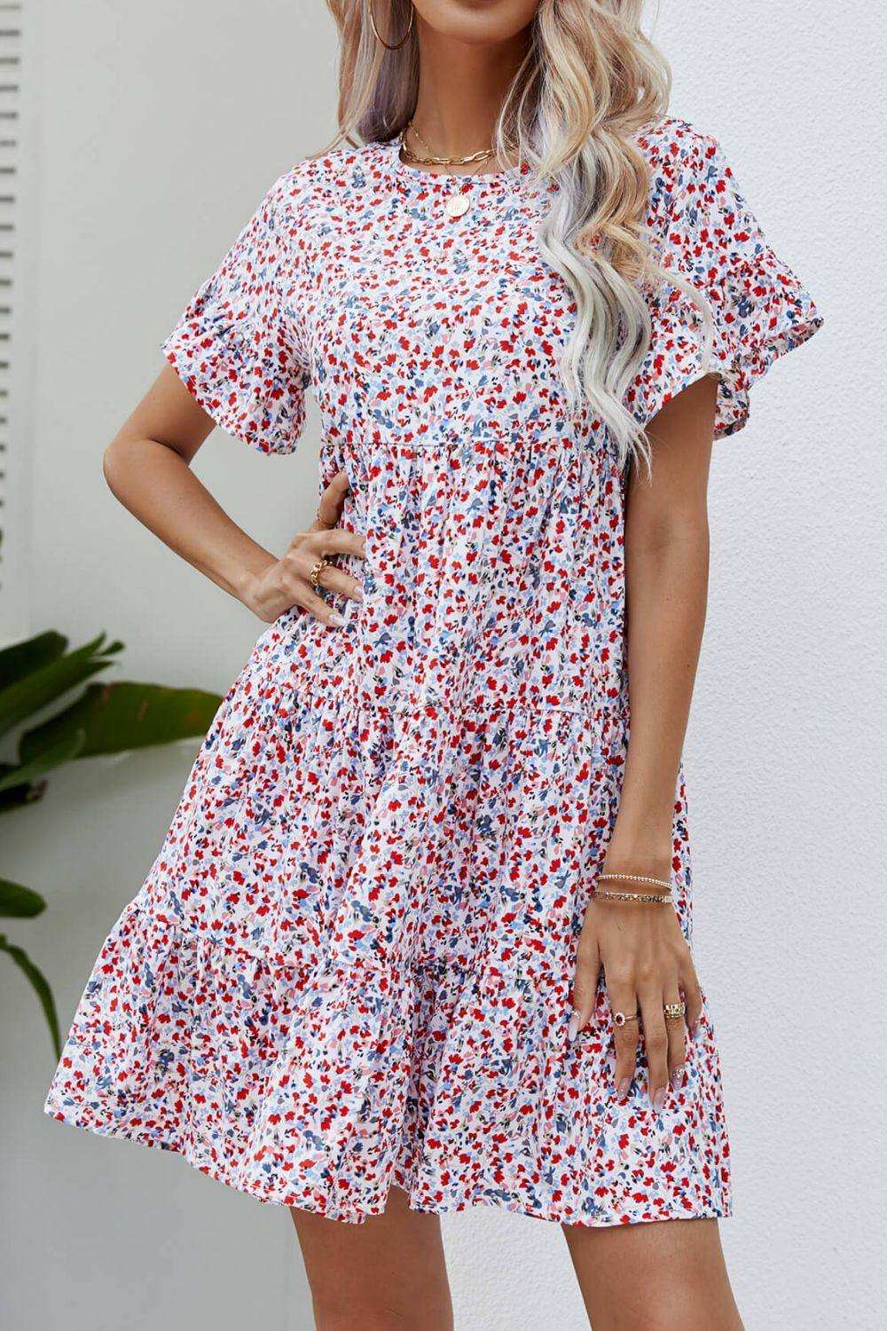 Ditsy Floral Flounce Sleeve Tiered Dress - Trendsi - Flyclothing LLC