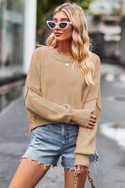 Round Neck Drop Shoulder Long Sleeve Sweater - Trendsi - Flyclothing LLC