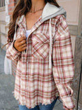 Plaid Raw Hem Drawstring Hooded Jacket - Trendsi - Flyclothing LLC
