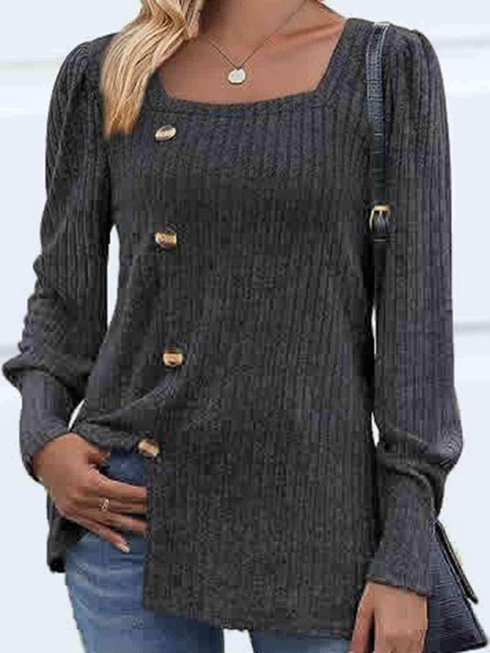 Decorative Button Square Neck Top - Trendsi - Flyclothing LLC