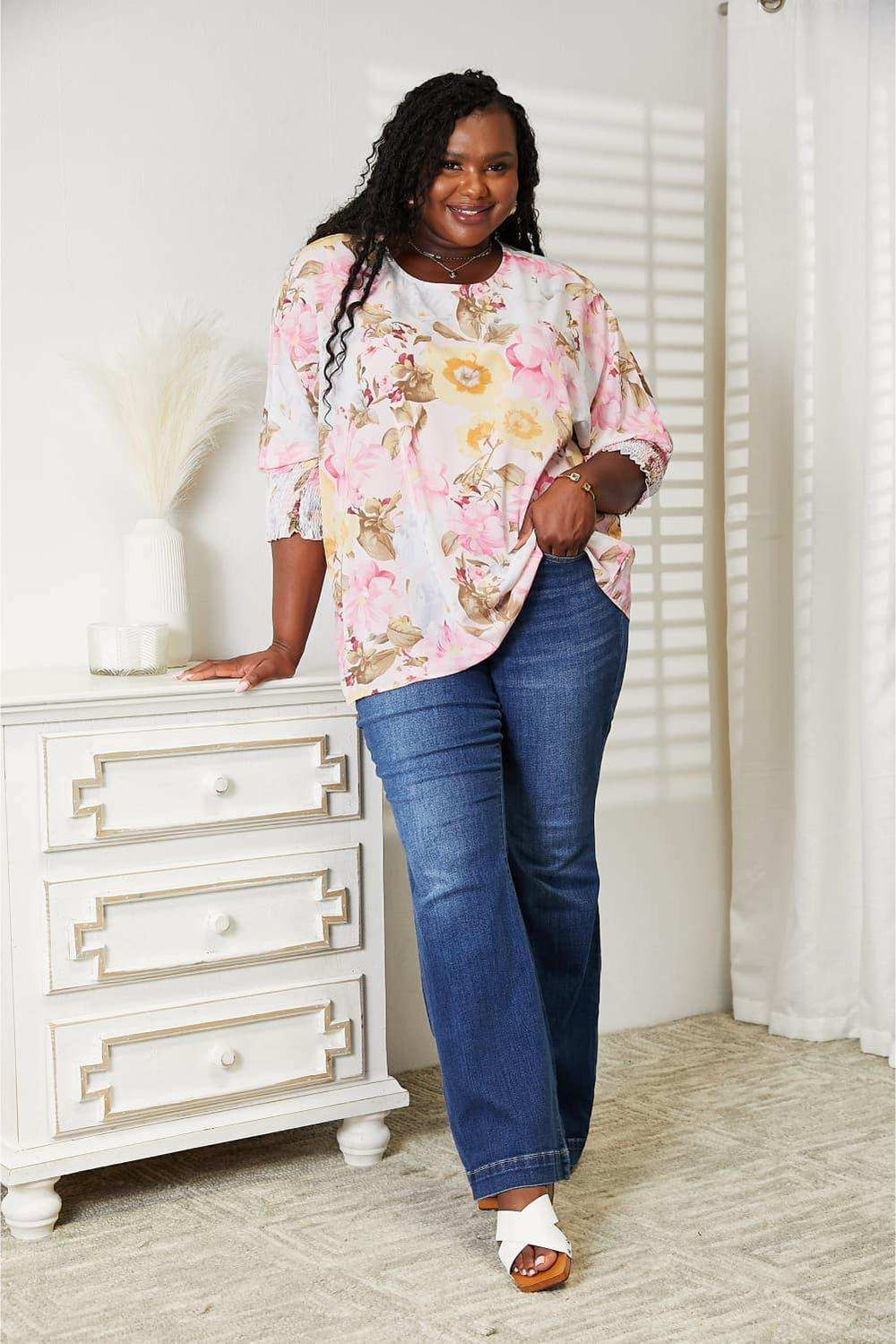 Double Take Floral Round Neck Three-Quarter Sleeve Top - Trendsi - Flyclothing LLC