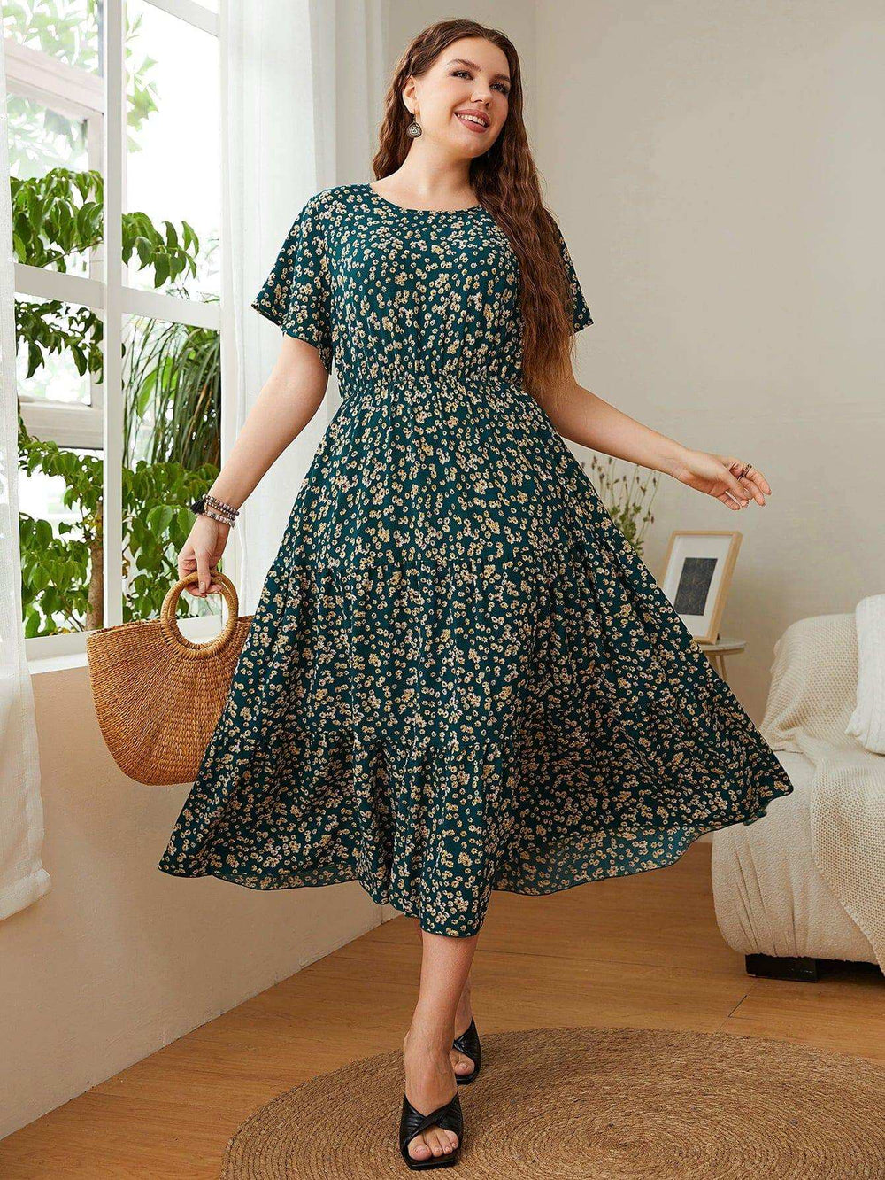 Plus Size Floral Round Neck Short Sleeve Midi Dress - Trendsi - Flyclothing LLC