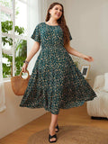 Plus Size Floral Round Neck Short Sleeve Midi Dress - Trendsi - Flyclothing LLC