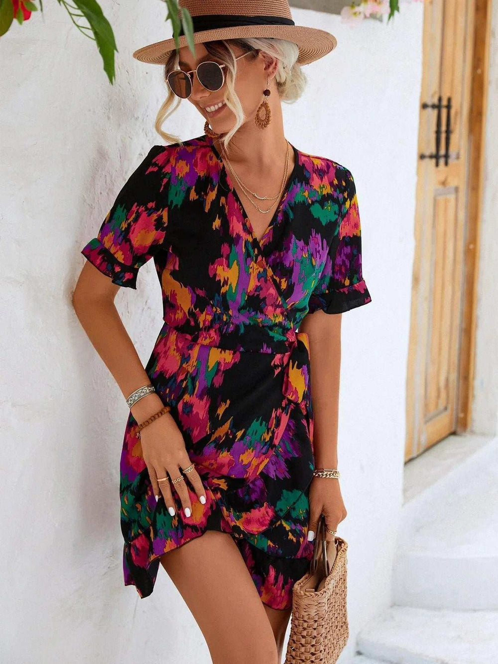 Printed Flounce Sleeve Tied Dress - Trendsi - Flyclothing LLC