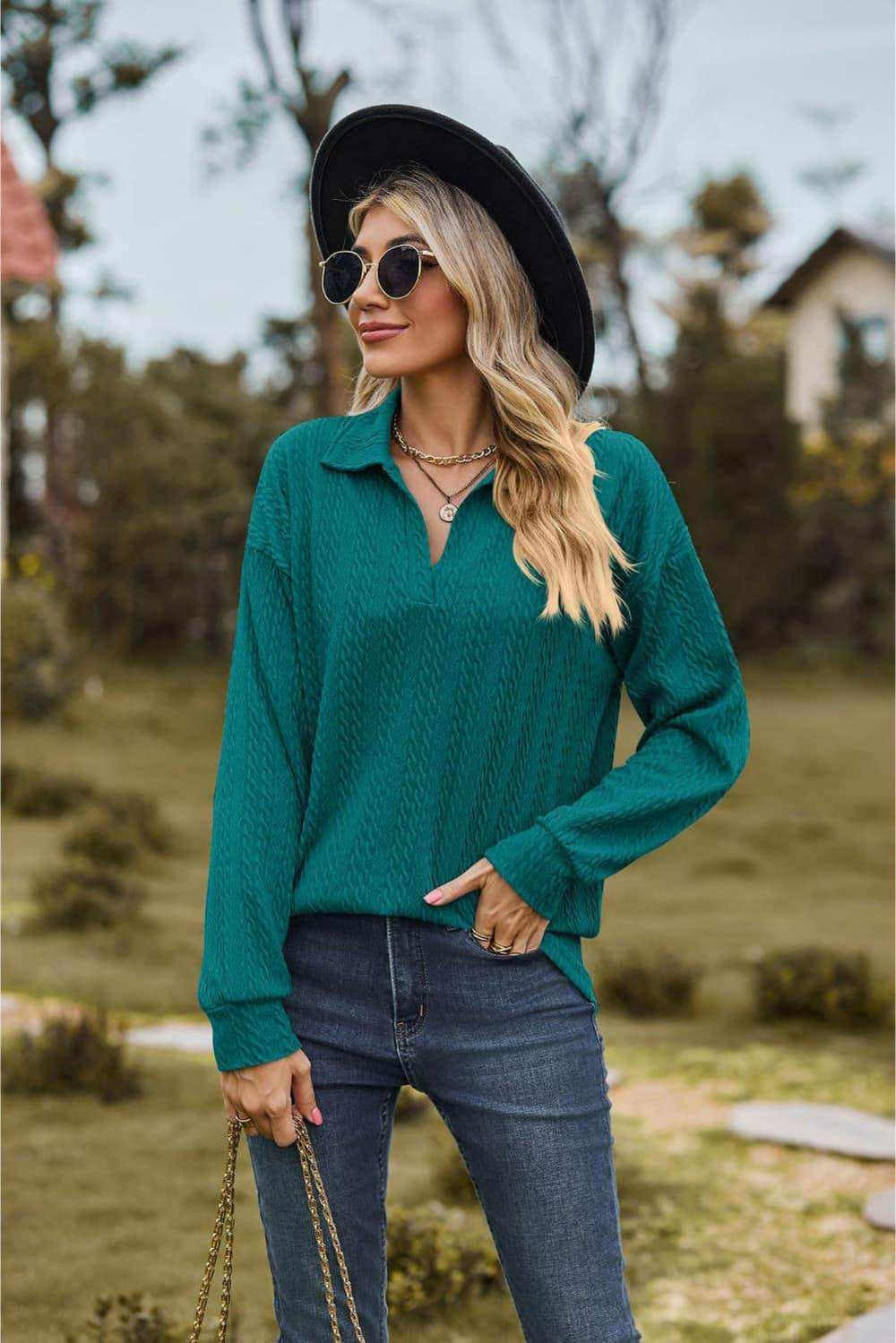 Collared Neck Cable-Knit Long Sleeve Blouse - Trendsi - Flyclothing LLC