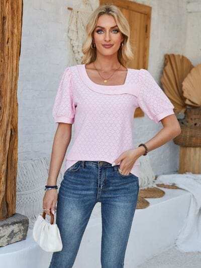 Eyelet Asymmetrical Neck Short Sleeve T-Shirt - Trendsi - Flyclothing LLC