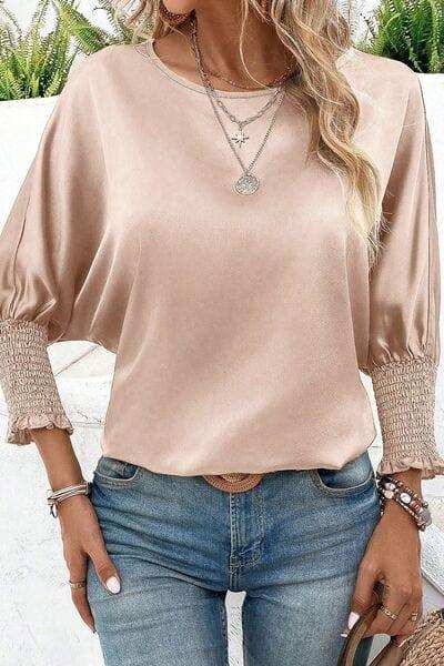 Round Neck Batwing Sleeve Blouse - Trendsi - Flyclothing LLC
