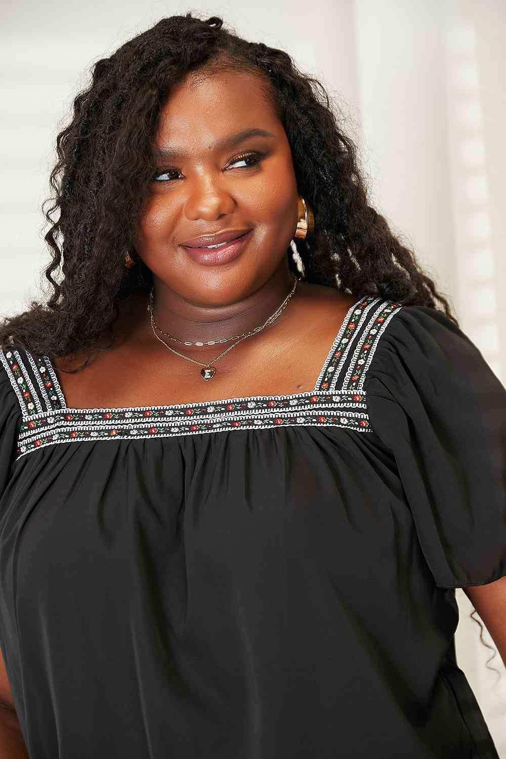 Double Take Contrast Square Neck Puff Sleeve Blouse - Trendsi - Flyclothing LLC