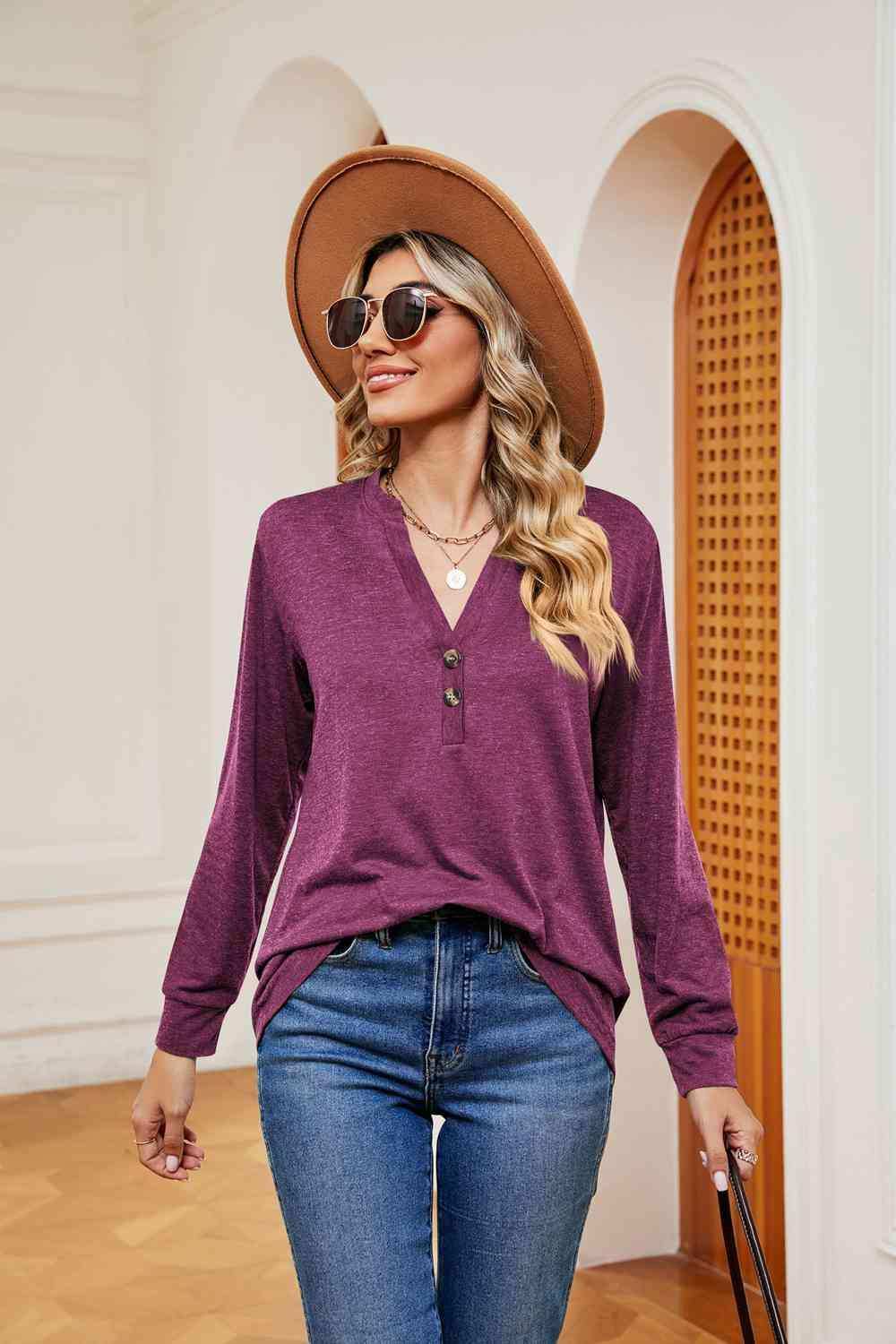 Buttoned Notched Neck Long Sleeve Top - Trendsi - Flyclothing LLC