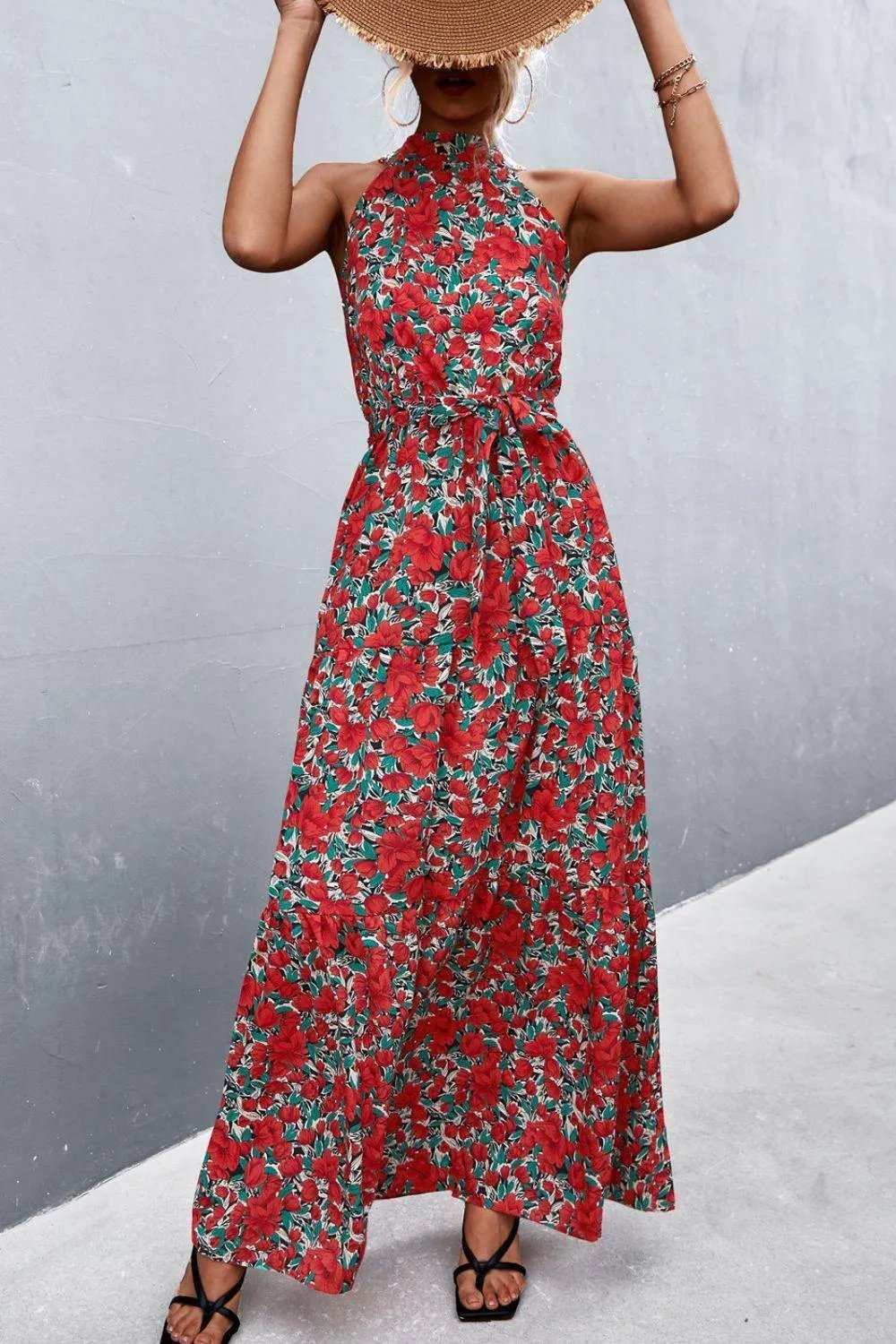 Printed Sleeveless Tie Waist Maxi Dress - Trendsi - Flyclothing LLC