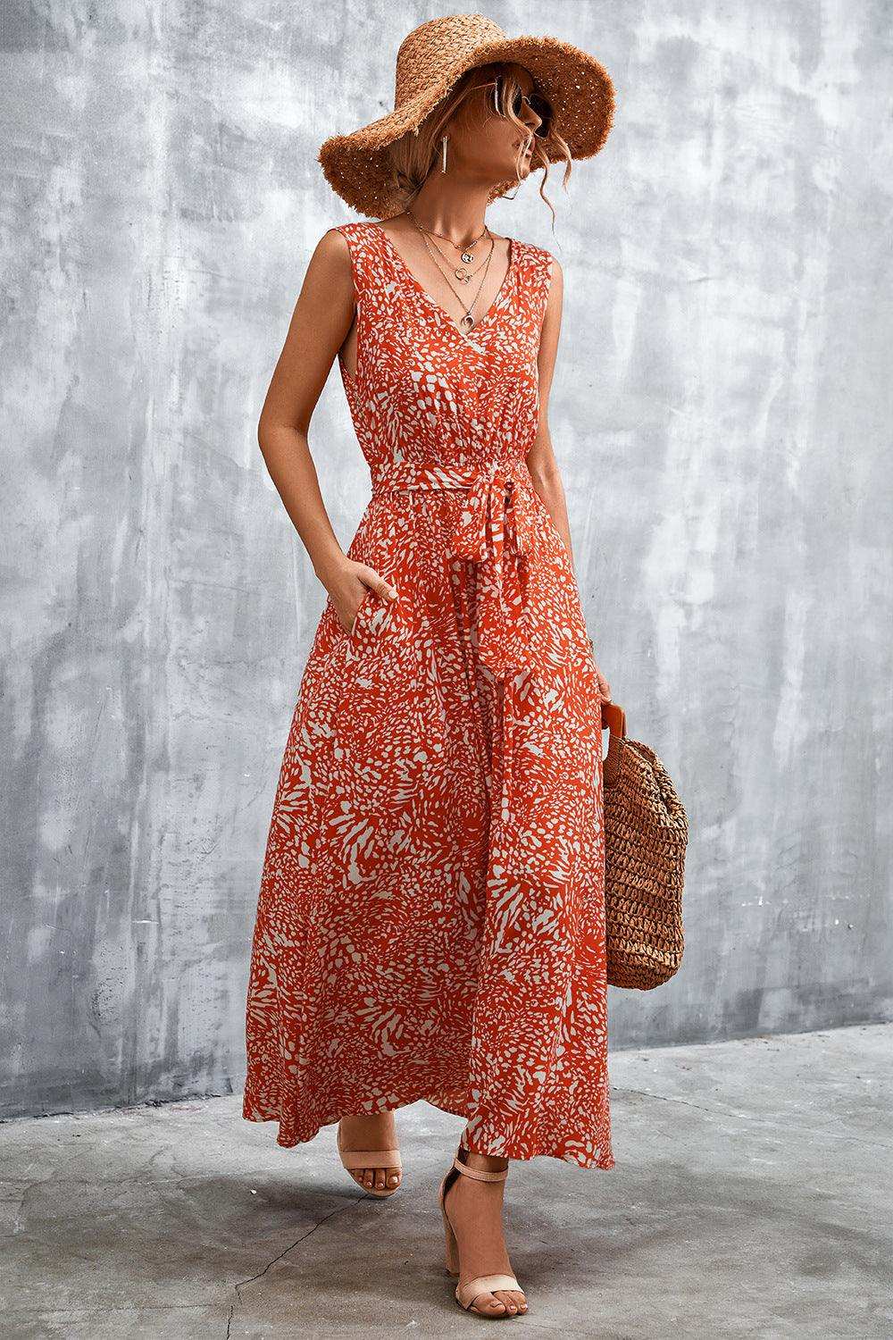 Printed V-Neck Tie Waist Maxi Dress - Trendsi - Flyclothing LLC
