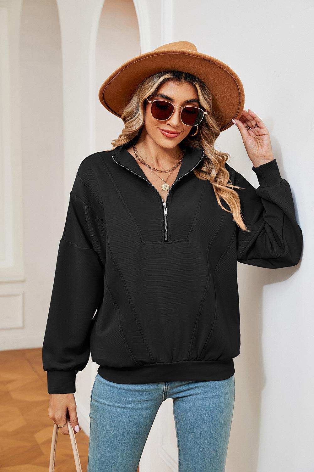 Half-Zip Dropped Shoulder Sweatshirt - Trendsi - Flyclothing LLC