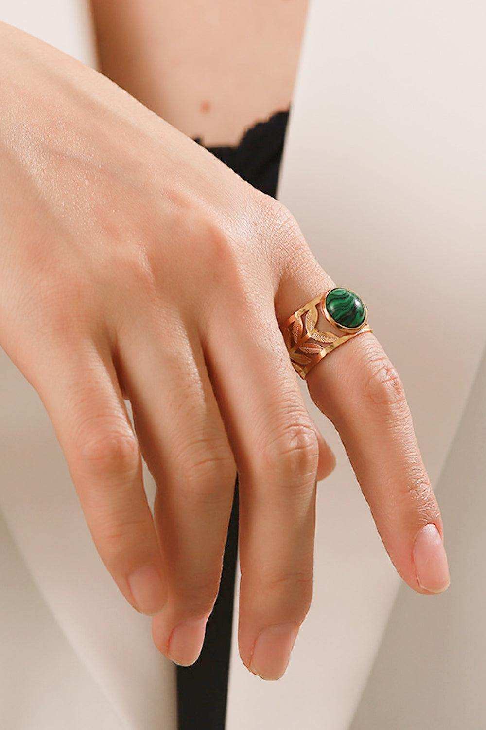 18k Gold Plated Malachite Leaf Ring - Trendsi - Flyclothing LLC