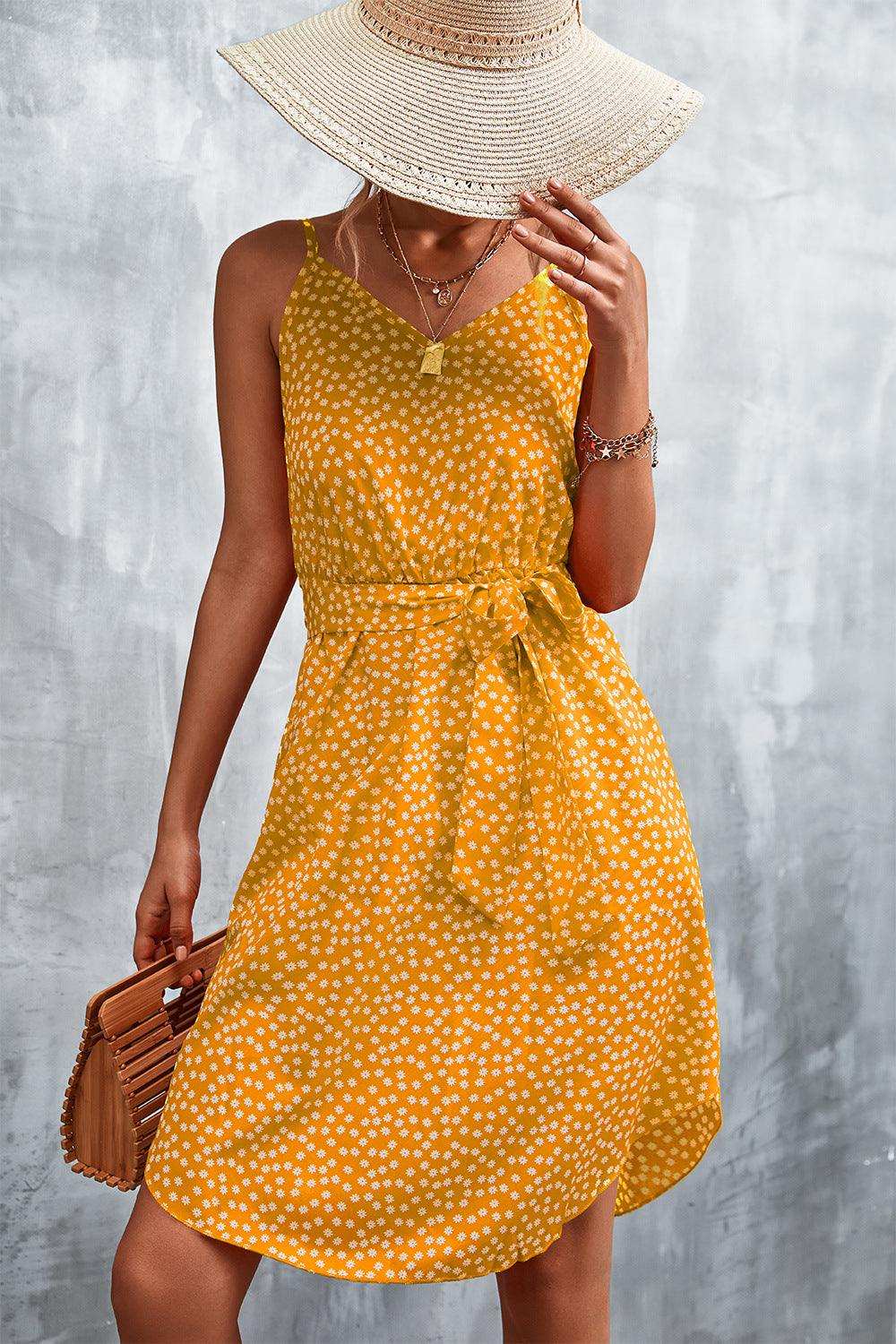 Printed V-Neck Tie Waist Mini Dress - Trendsi - Flyclothing LLC