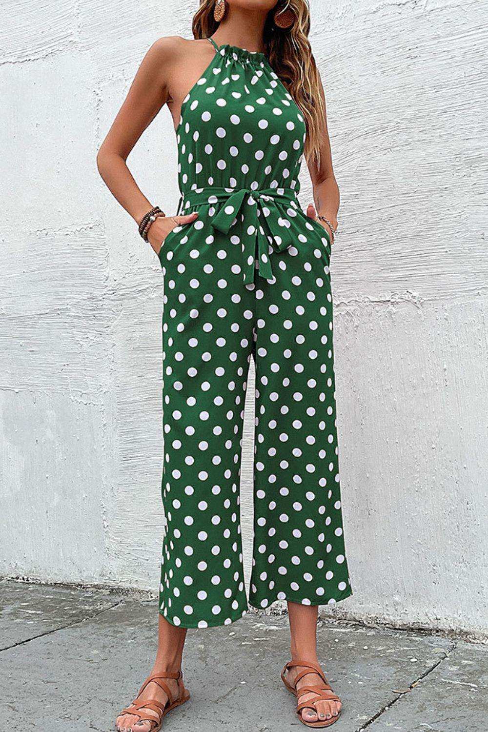 Polka Dot Grecian Wide Leg Jumpsuit - Trendsi - Flyclothing LLC
