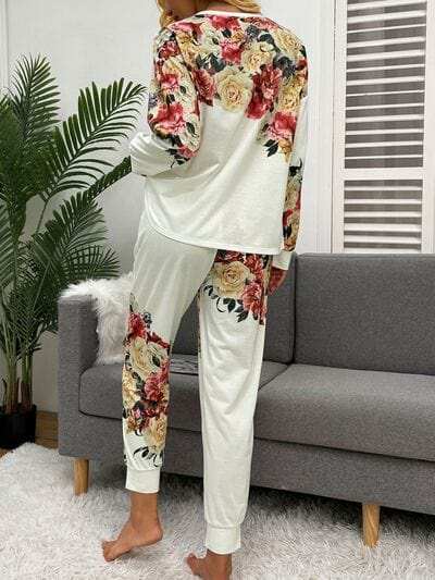 Printed Round Neck Top and Drawstring Pants Lounge Set - Trendsi - Flyclothing LLC