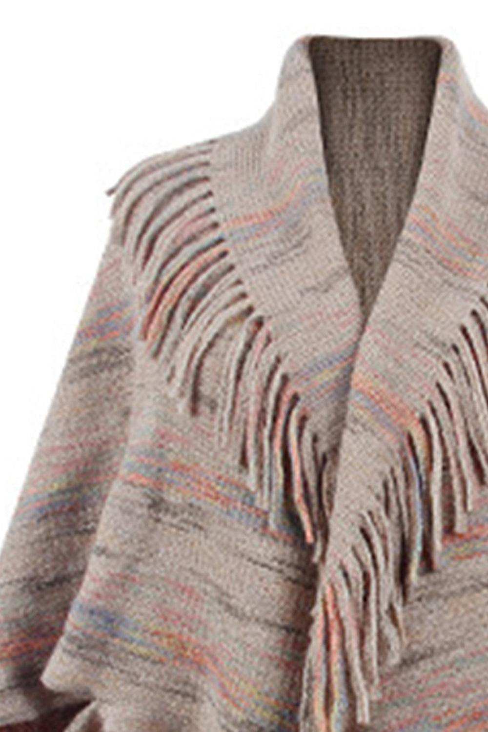 Fringe Detail Printed Poncho - Trendsi - Flyclothing LLC