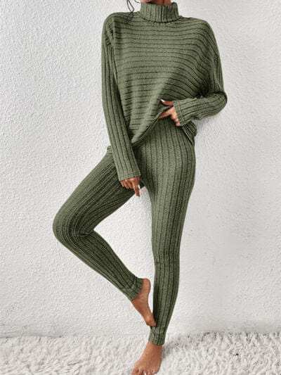 Ribbed Turtleneck Top and Pants Set - Trendsi - Flyclothing LLC