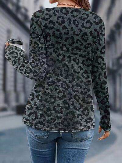 Leopard V-Neck Long Sleeve T-Shirt - Trendsi - Flyclothing LLC