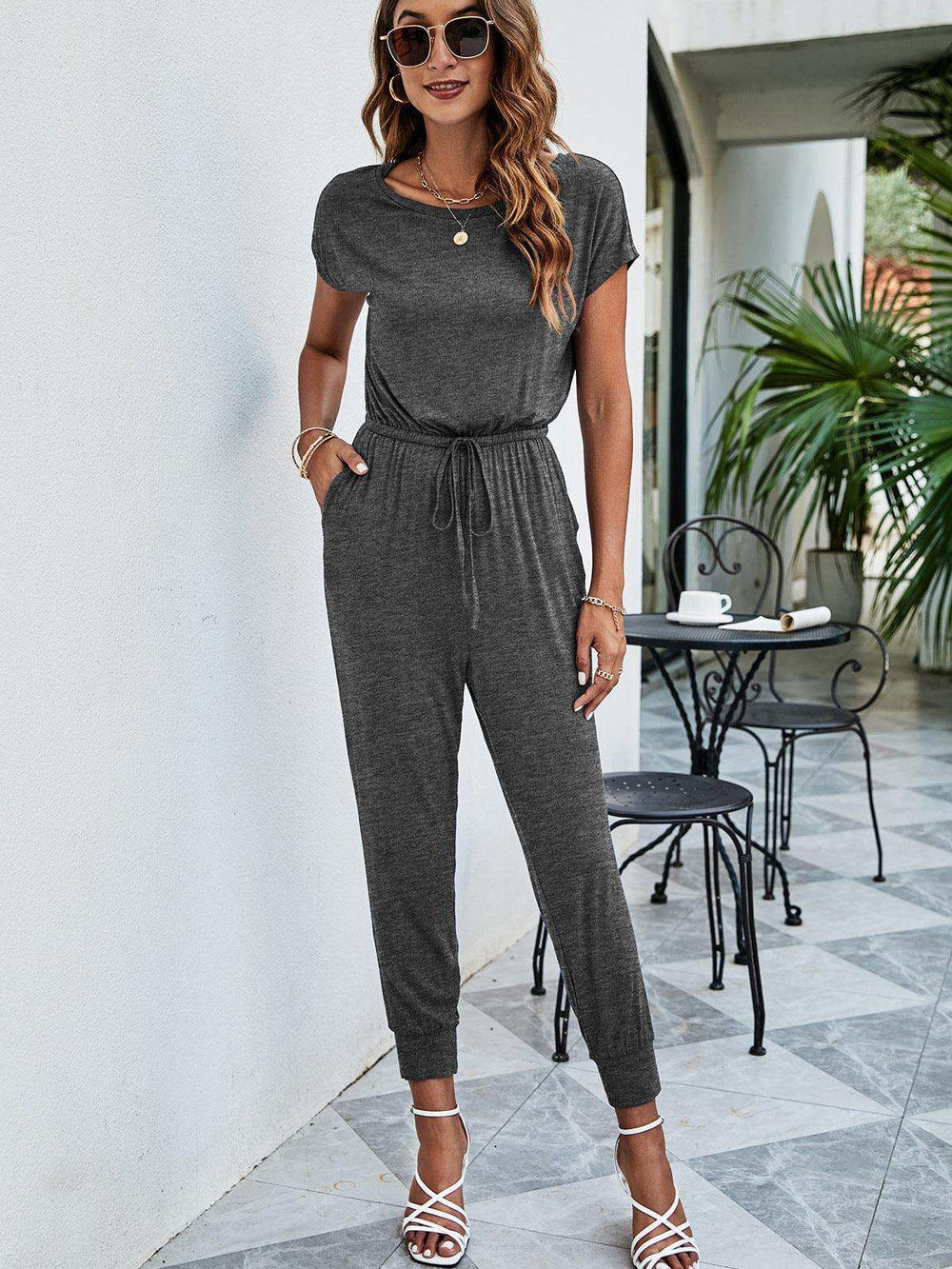 Drawstring Waist Short Sleeve Jogger Jumpsuit - Trendsi - Flyclothing LLC