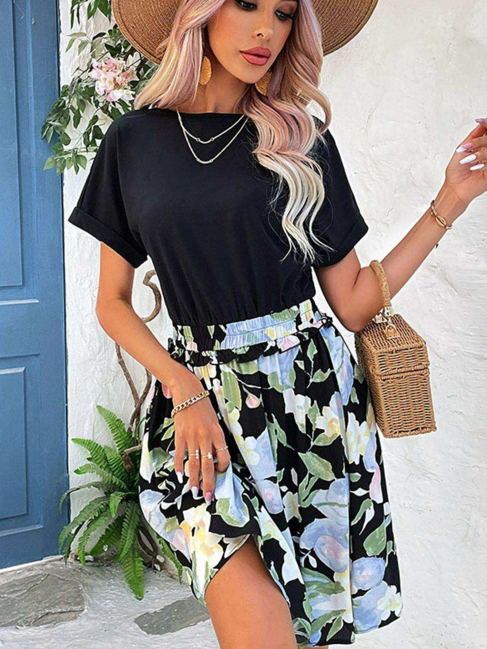 Two-Tone Round Neck Cuffed Sleeve Dress - Trendsi - Flyclothing LLC